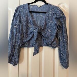 American Eagle Outfitters Blue Paisley Tie-Front Blouse Cotton Linen blend